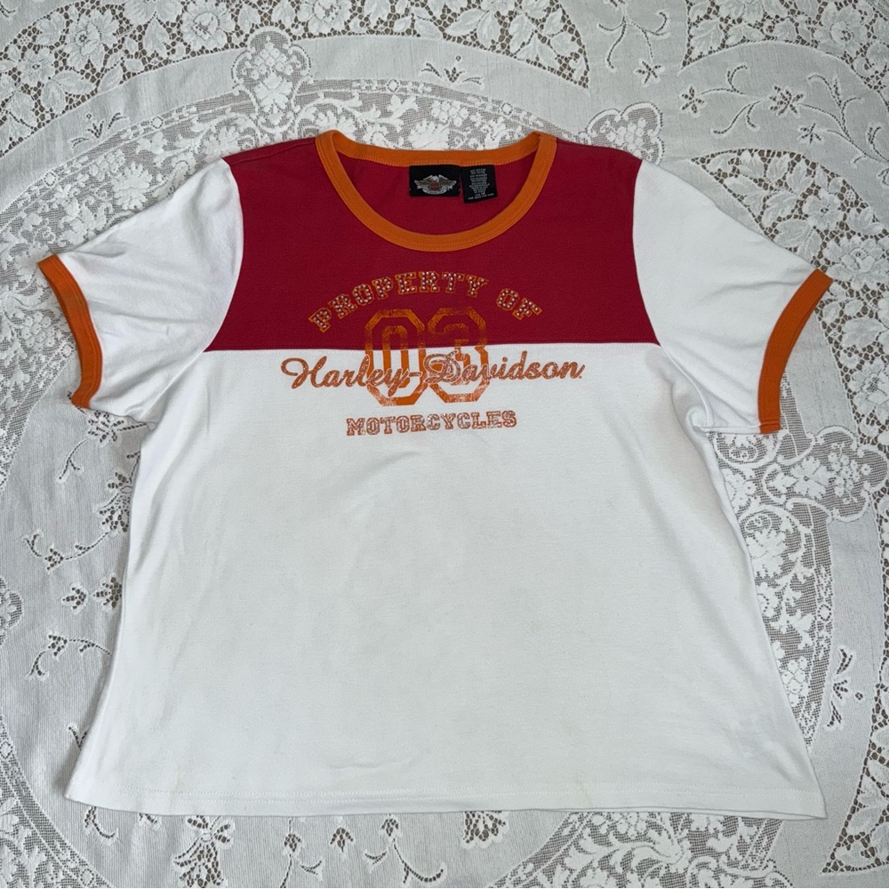 Vintage Harley-Davidson Red‎ and White Cotton Tee with Orange Accents size 1W